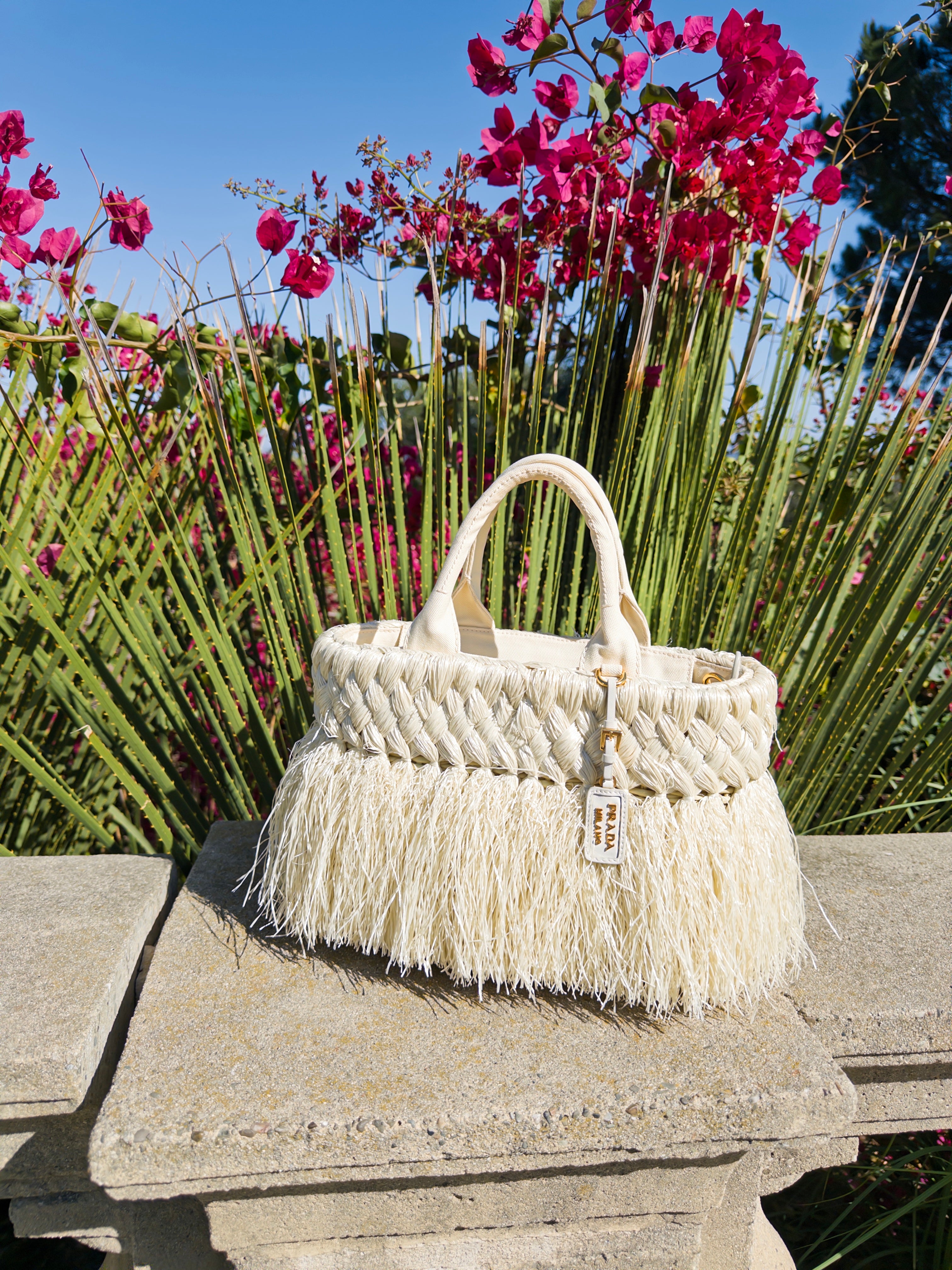 Vintage Prada Raffia Fringe Tote Bag