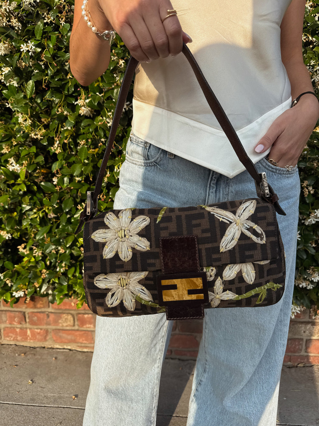 Rare Vintage Fendi Zucca Floral Embroidered Baguette