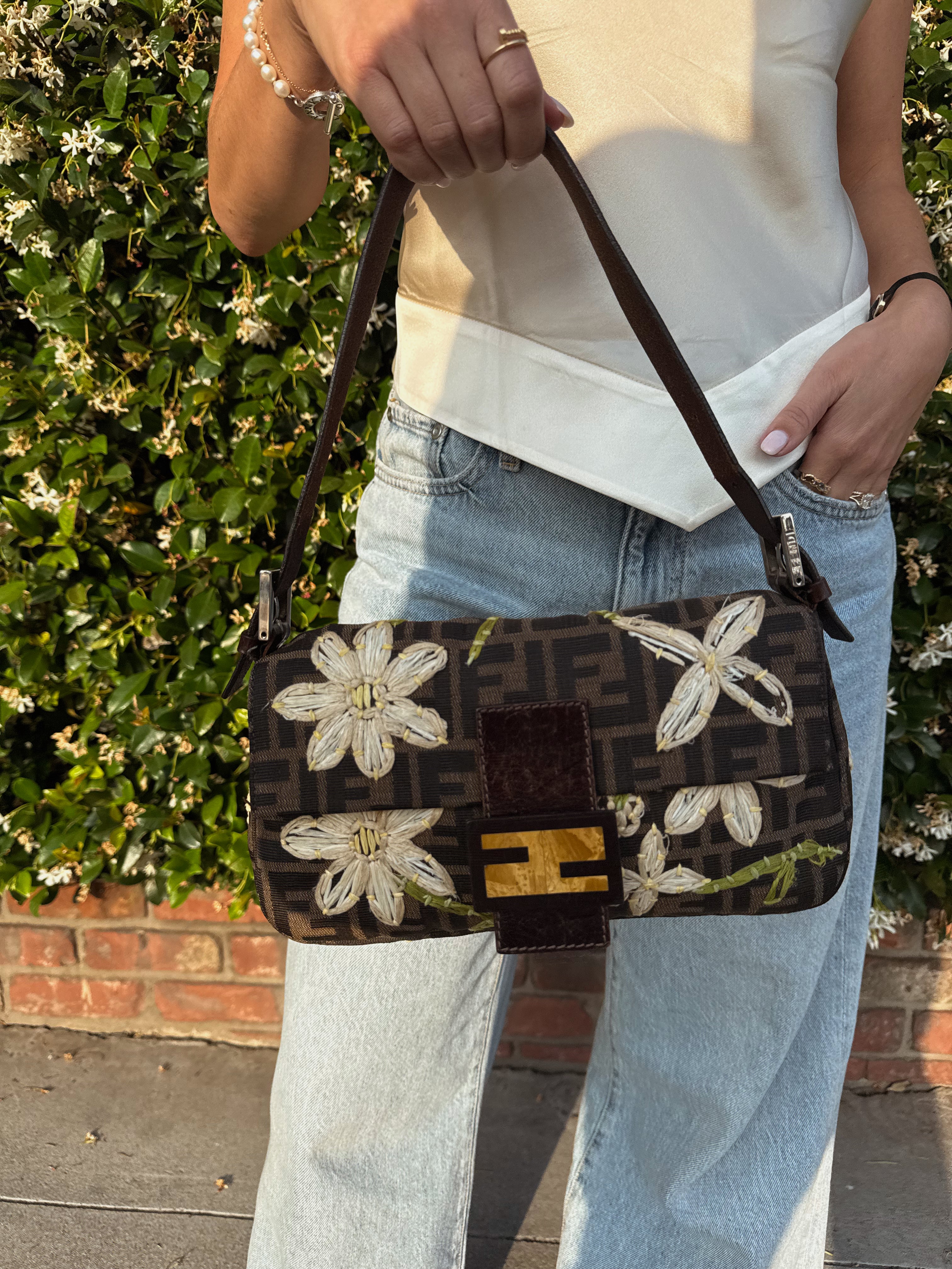 Rare Vintage Fendi Zucca Floral Embroidered Baguette