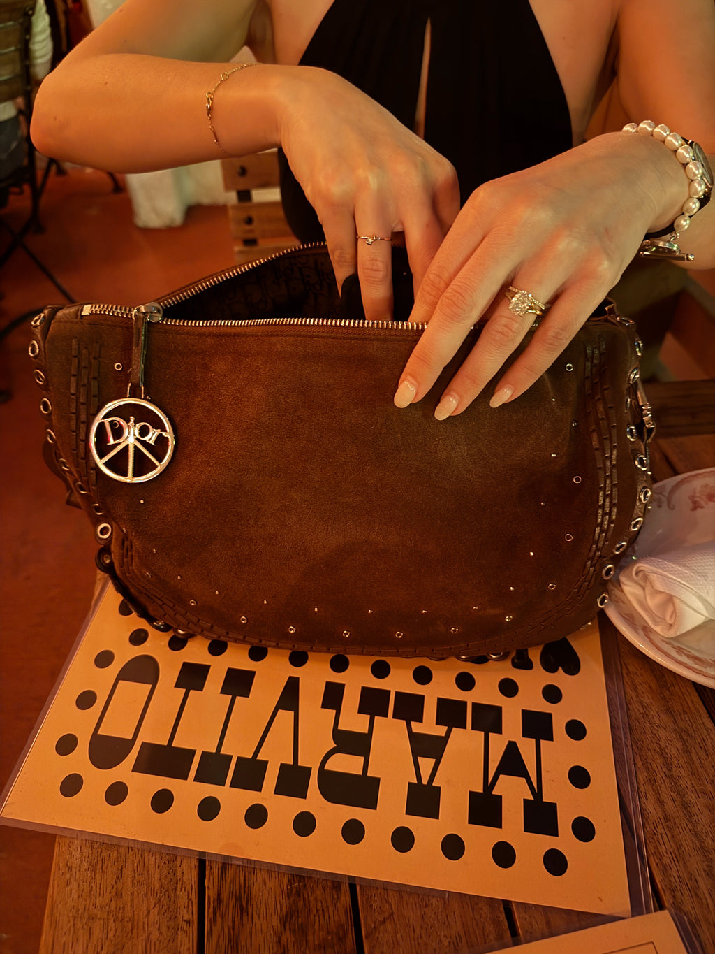 Archival Dior Peace and Love Suede Hobo Bag