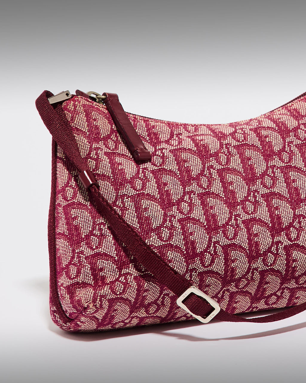 Detail view of vintage Dior Trotter pink canvas shoulder bag with adjustable strap
