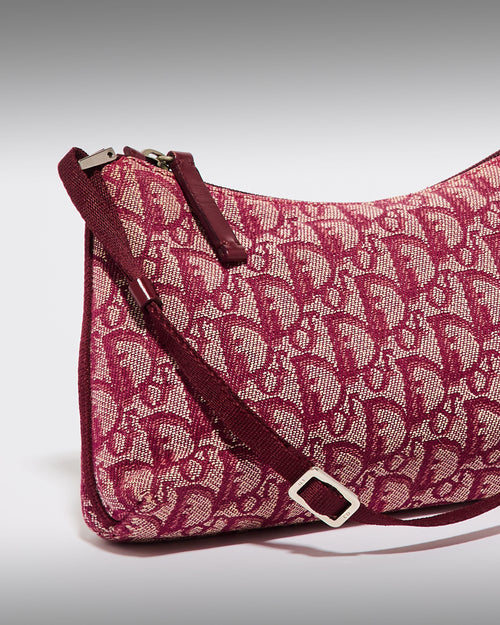 Detail view of vintage Dior Trotter pink canvas shoulder bag with adjustable strap
