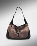 Vintage Gucci Jackie velvet shoulder bag in brown with black leather trim and piston clasp
