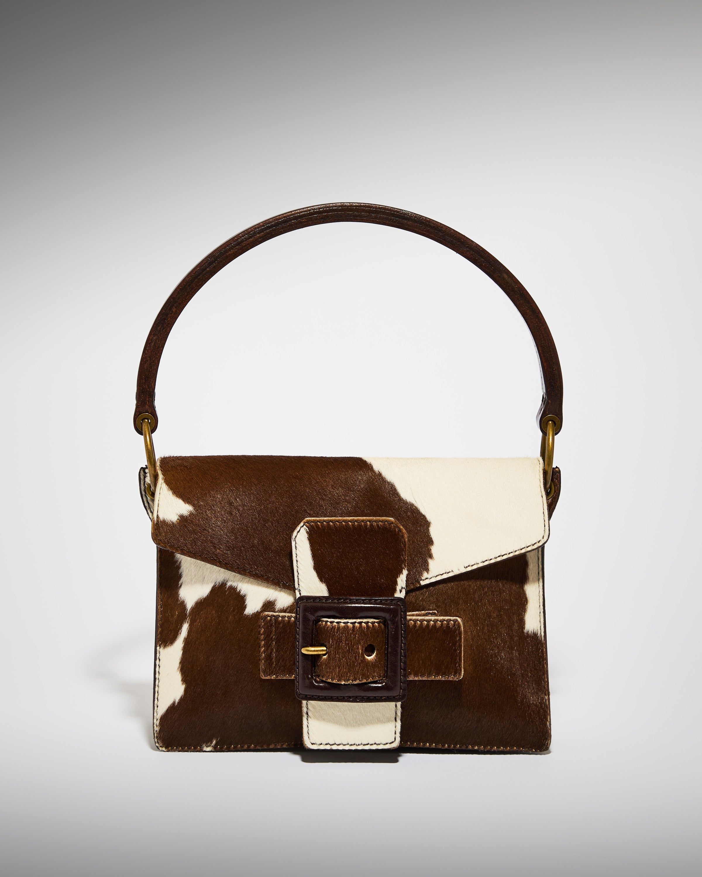 Vintage Miu Miu pony hair shoulder bag in brown and white with front buckle closure