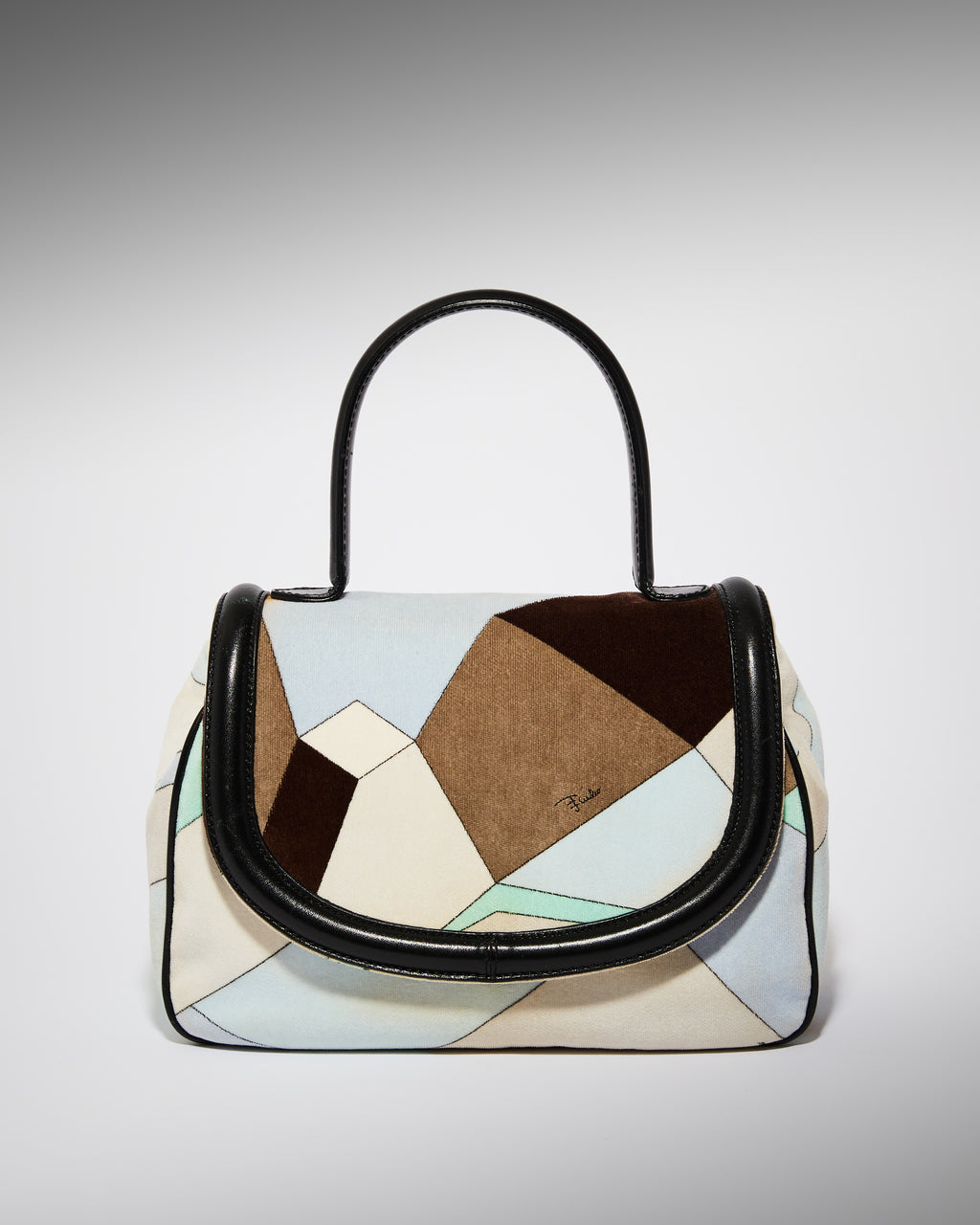 Vintage Pucci velvet handbag with geometric patchwork design and black top handle